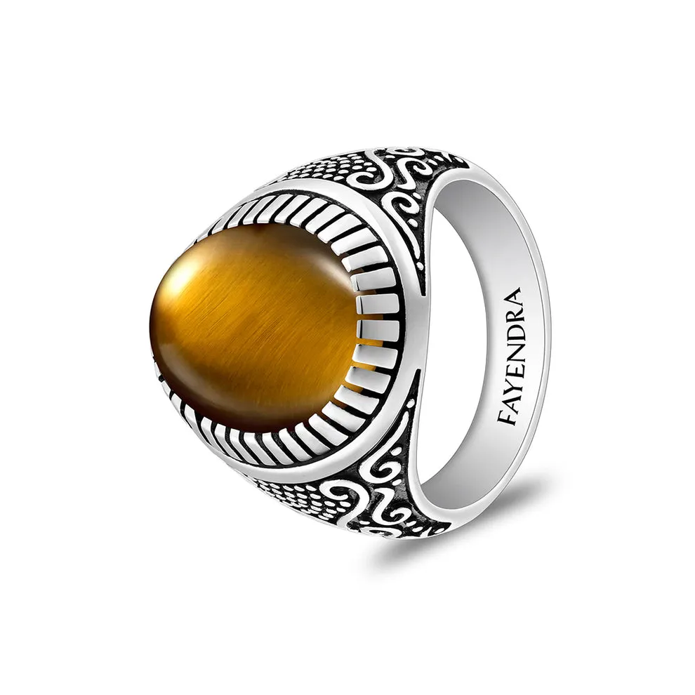 فايندرا

خاتم رجالي من الفضة الخالصة عيار 925 مطلي روديوم و اسود مرصع احجار عين النمر اصفر كابشون