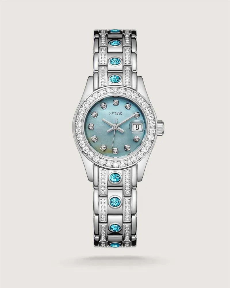 توفير ساعة زمرد النسائية باللون الفضي والأزرق من زايروس خلال ساعه أو ربما أقل مناسب جداً لتقديمة كهديه